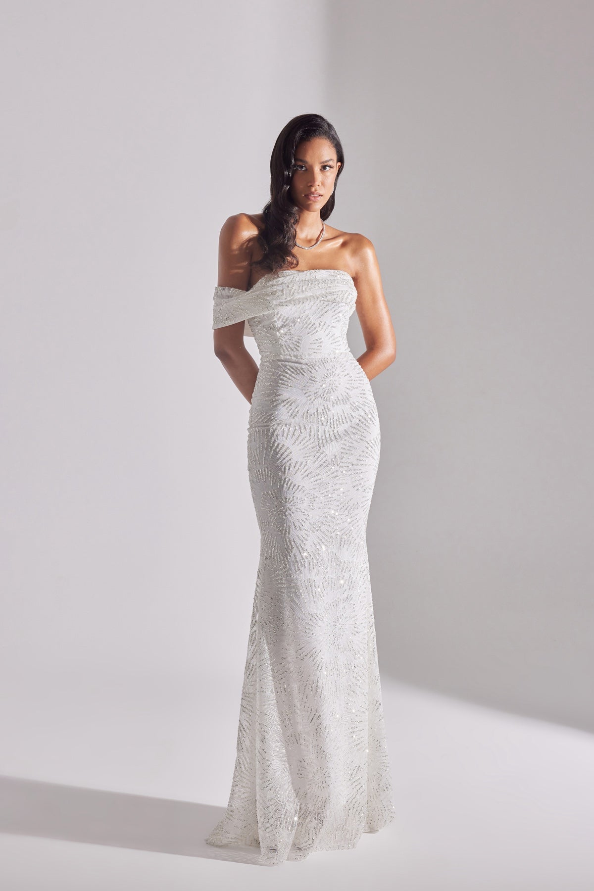 ASTER Shiny Off-Shoulder Mermaid Skirt WHITE Evening Dress