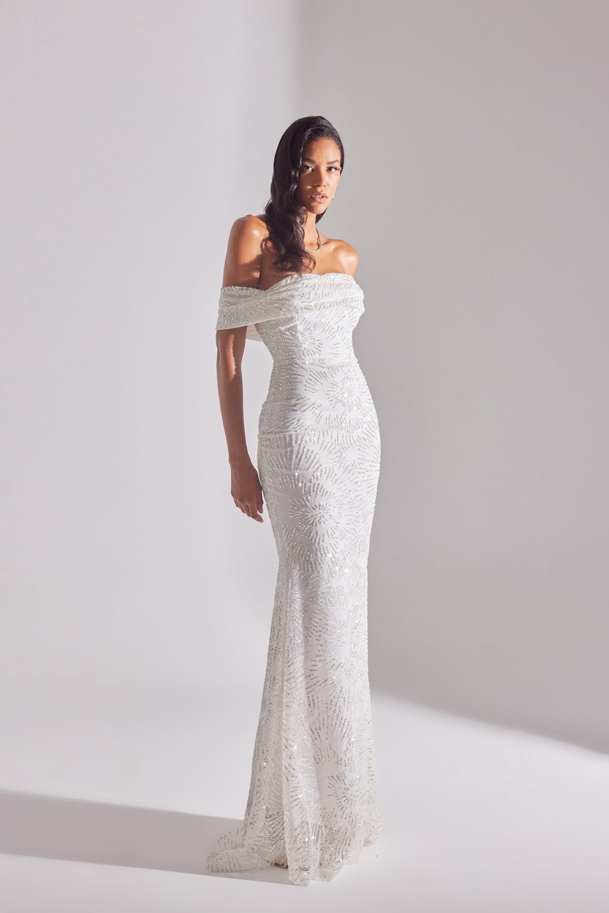ASTER Shiny Off-Shoulder Mermaid Skirt WHITE Evening Dress