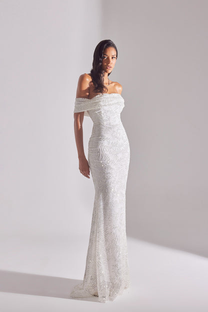 ASTER Shiny Off-Shoulder Mermaid Skirt WHITE Evening Dress
