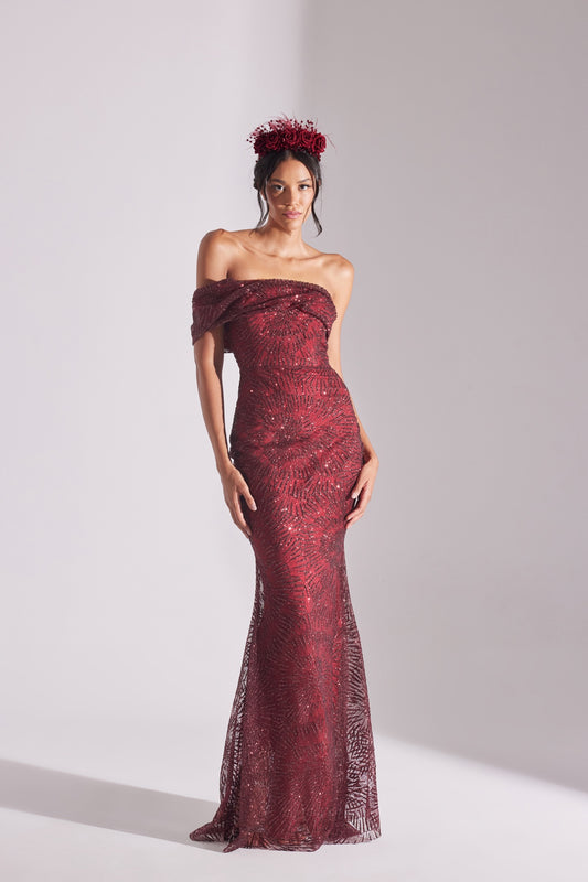 ASTER Shiny Off-Shoulder Mermaid Skirt DARK RED Evening Dress