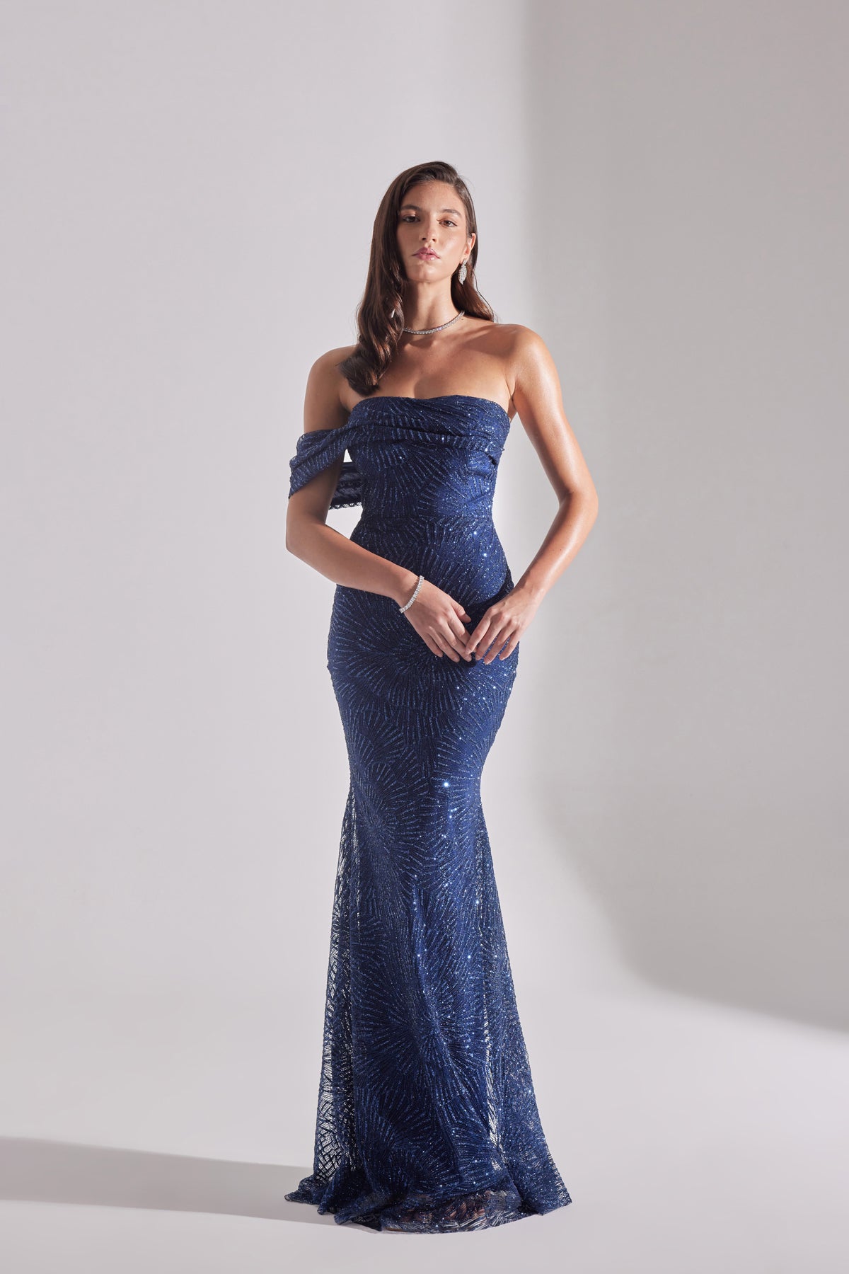 ASTER Shiny Off-Shoulder Mermaid Skirt DARK BLUE Evening Dress