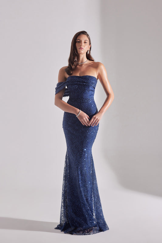ASTER Shiny Off-Shoulder Mermaid Skirt DARK BLUE Evening Dress