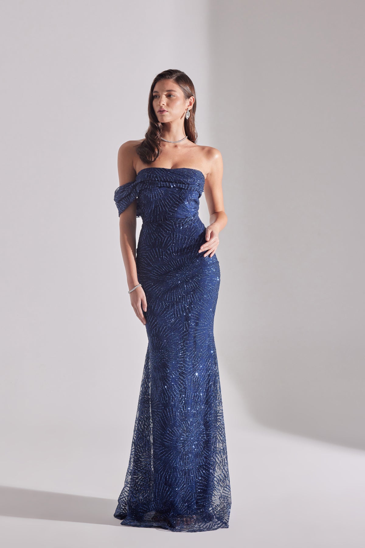 ASTER Shiny Off-Shoulder Mermaid Skirt DARK BLUE Evening Dress