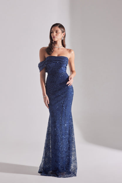 ASTER Shiny Off-Shoulder Mermaid Skirt DARK BLUE Evening Dress