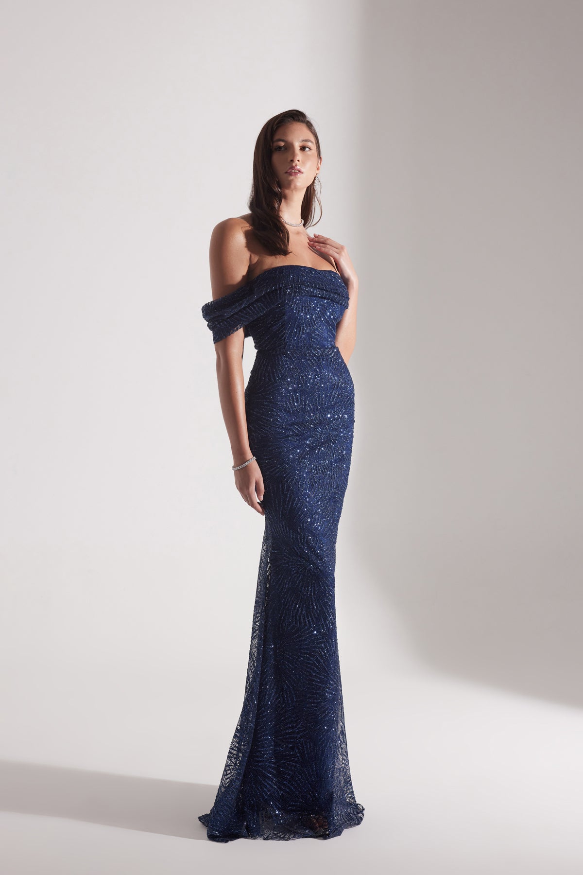 ASTER Shiny Off-Shoulder Mermaid Skirt DARK BLUE Evening Dress