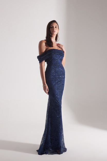 ASTER Shiny Off-Shoulder Mermaid Skirt DARK BLUE Evening Dress
