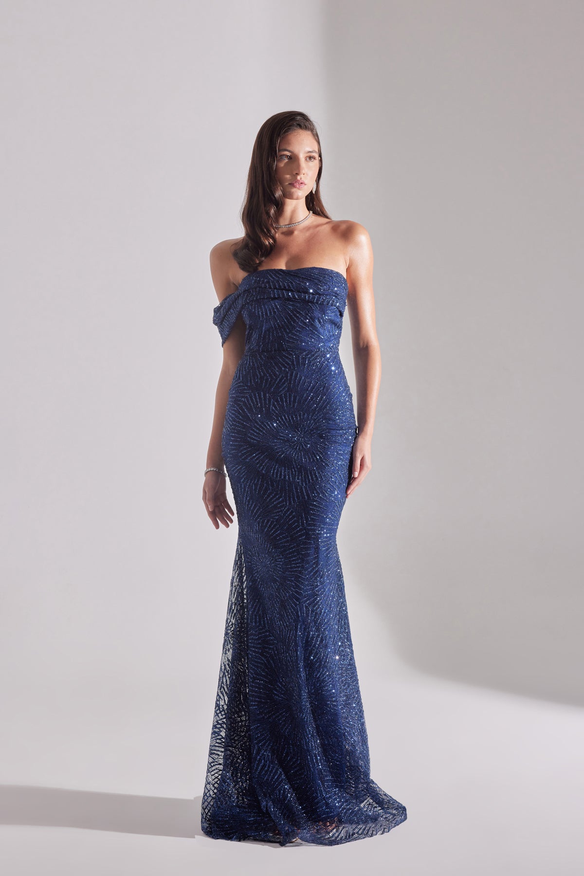 ASTER Shiny Off-Shoulder Mermaid Skirt DARK BLUE Evening Dress