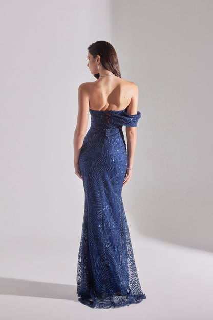 ASTER Shiny Off-Shoulder Mermaid Skirt DARK BLUE Evening Dress