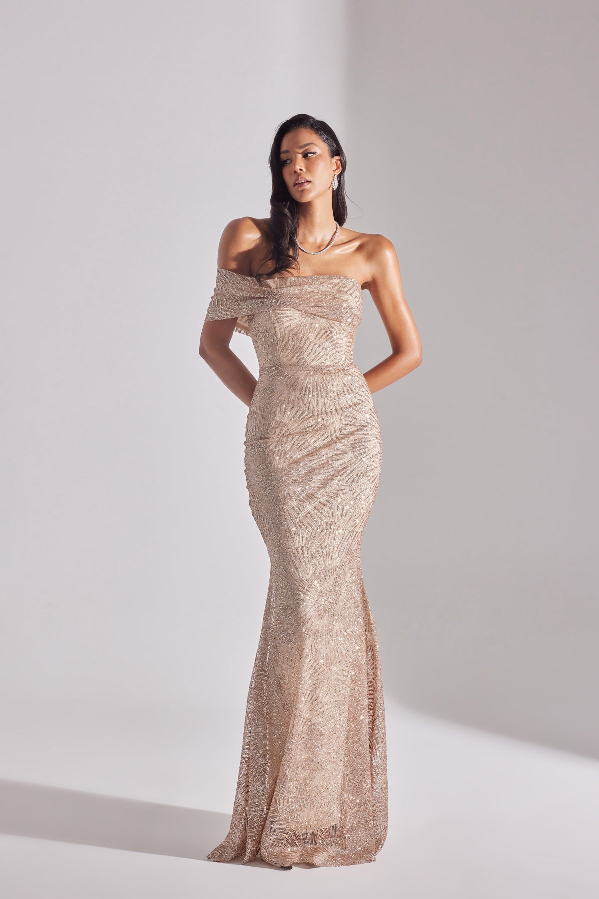 ASTER Shiny Off-Shoulder Mermaid Skirt GOLD Evening Dress