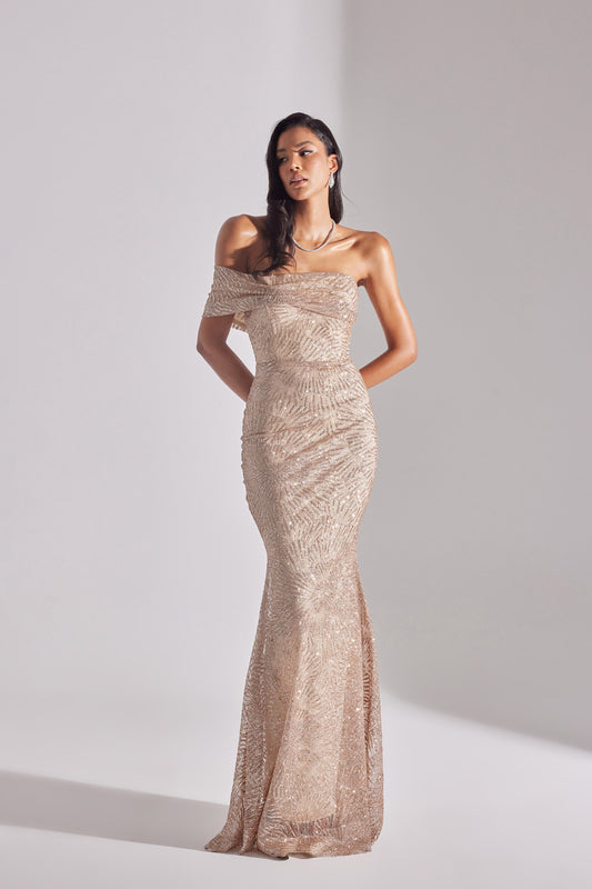 ASTER Shiny Off-Shoulder Mermaid Skirt GOLD Evening Dress