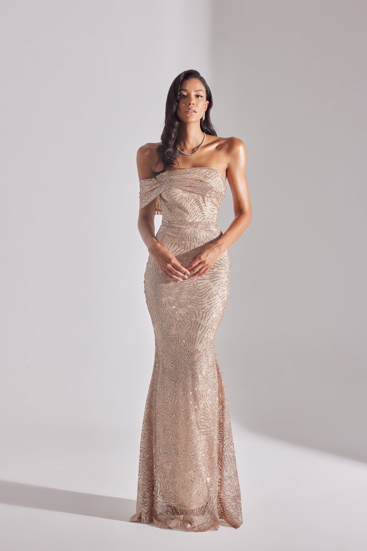 ASTER Shiny Off-Shoulder Mermaid Skirt GOLD Evening Dress