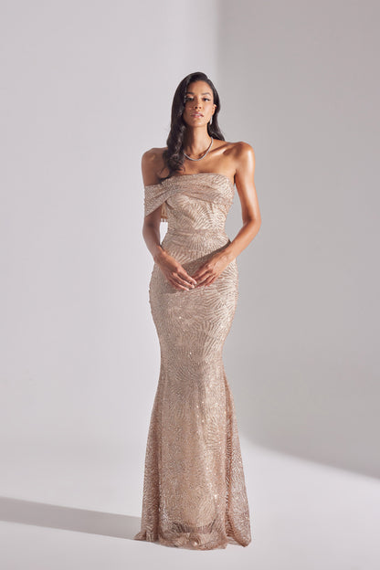 ASTER Shiny Off-Shoulder Mermaid Skirt GOLD Evening Dress