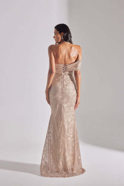 ASTER Shiny Off-Shoulder Mermaid Skirt GOLD Evening Dress