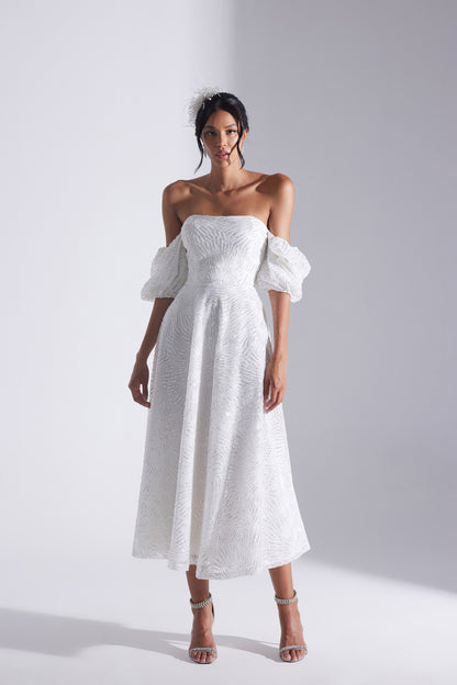 SARAH Shiny Balloon Sleeve Ruffled WHITE Midi Length Engagement Dress