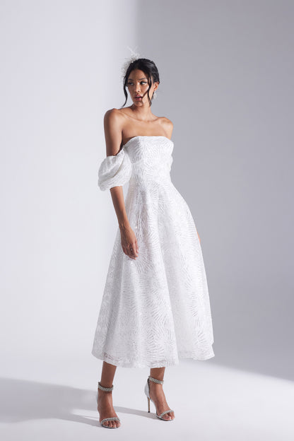 SARAH Shiny Balloon Sleeve Ruffled WHITE Midi Length Engagement Dress