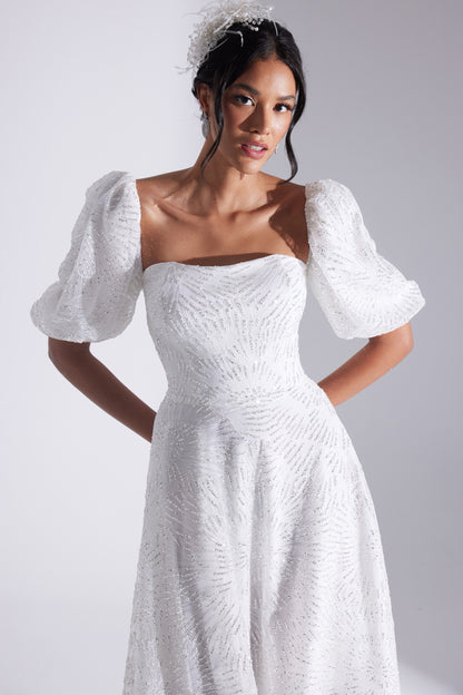 SARAH Shiny Balloon Sleeve Ruffled WHITE Midi Length Engagement Dress