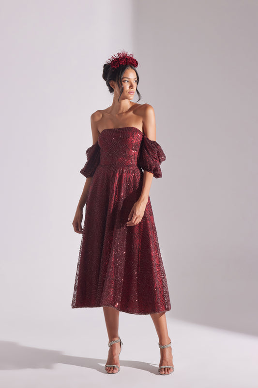 SARAH Shiny Balloon Sleeve Ruffled DARK RED Midi Length Engagement Dress