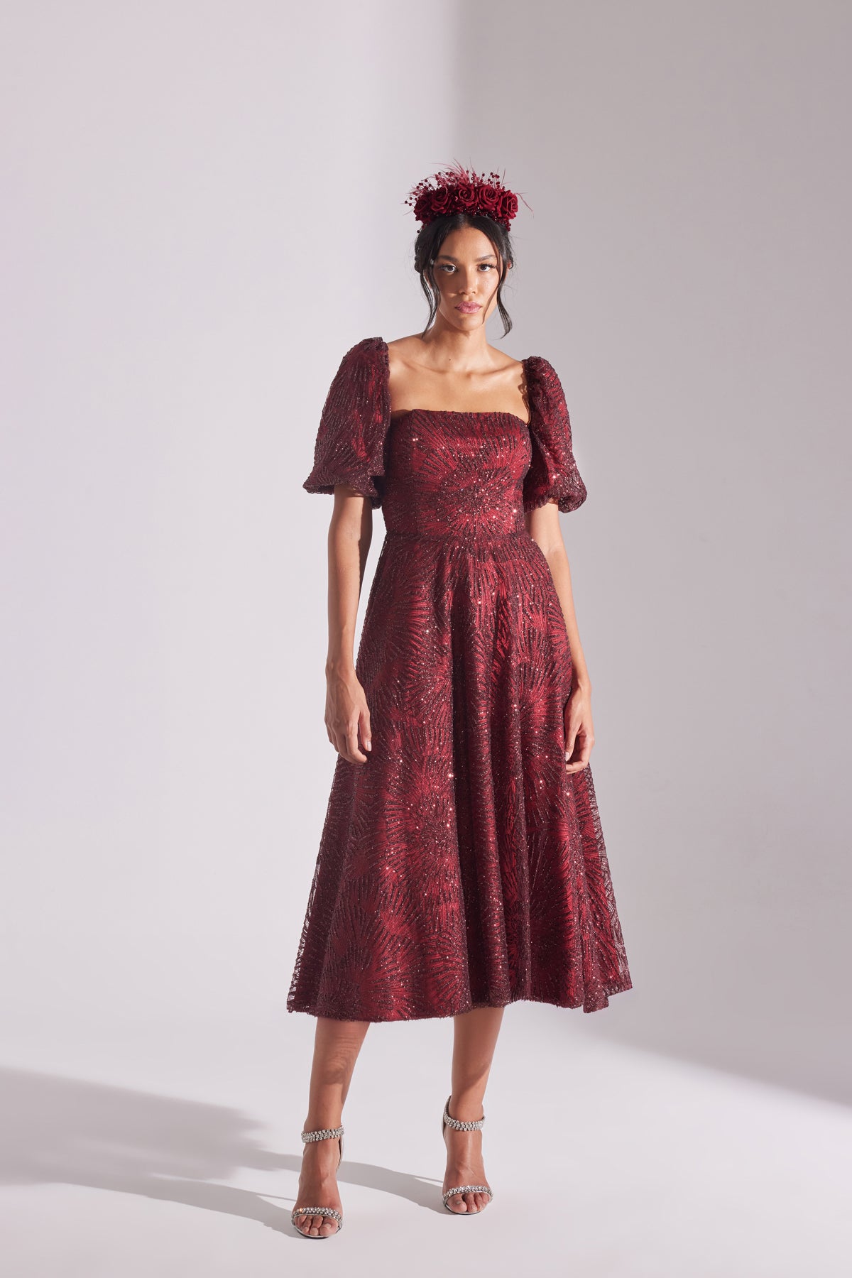 SARAH Shiny Balloon Sleeve Ruffled DARK RED Midi Length Engagement Dress