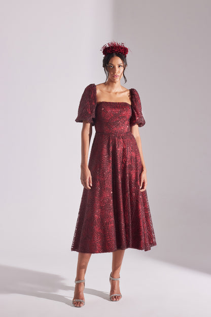 SARAH Shiny Balloon Sleeve Ruffled DARK RED Midi Length Engagement Dress