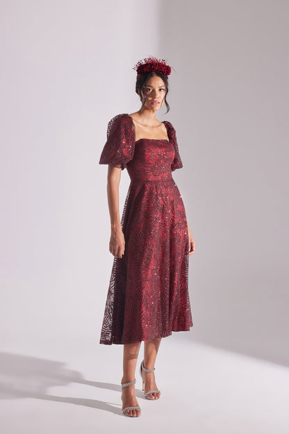 SARAH Shiny Balloon Sleeve Ruffled DARK RED Midi Length Engagement Dress