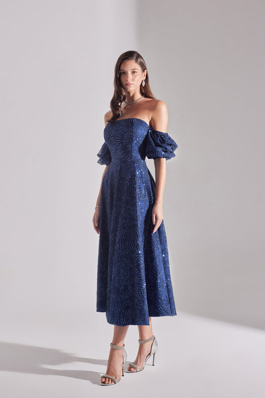 SARAH Shiny Balloon Sleeve Ruffled DARK BLUE Midi Length Engagement Dress