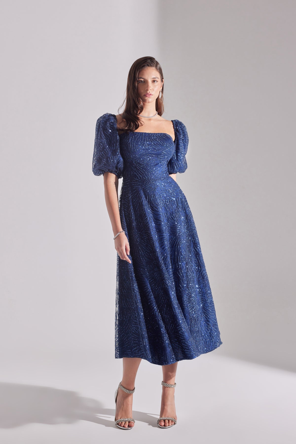 SARAH Shiny Balloon Sleeve Ruffled DARK BLUE Midi Length Engagement Dress