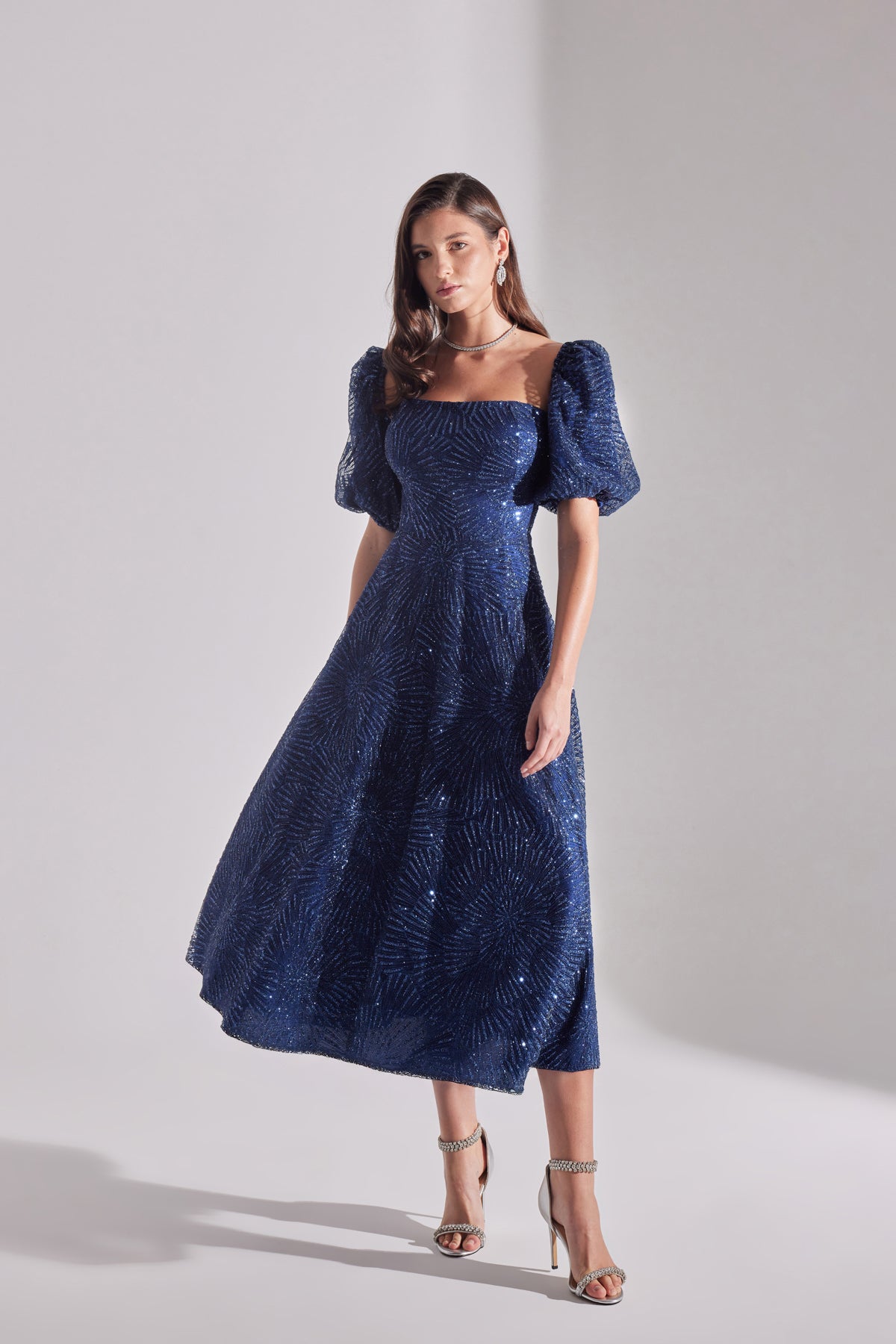 SARAH Shiny Balloon Sleeve Ruffled DARK BLUE Midi Length Engagement Dress