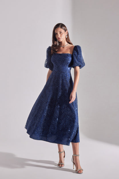 SARAH Shiny Balloon Sleeve Ruffled DARK BLUE Midi Length Engagement Dress