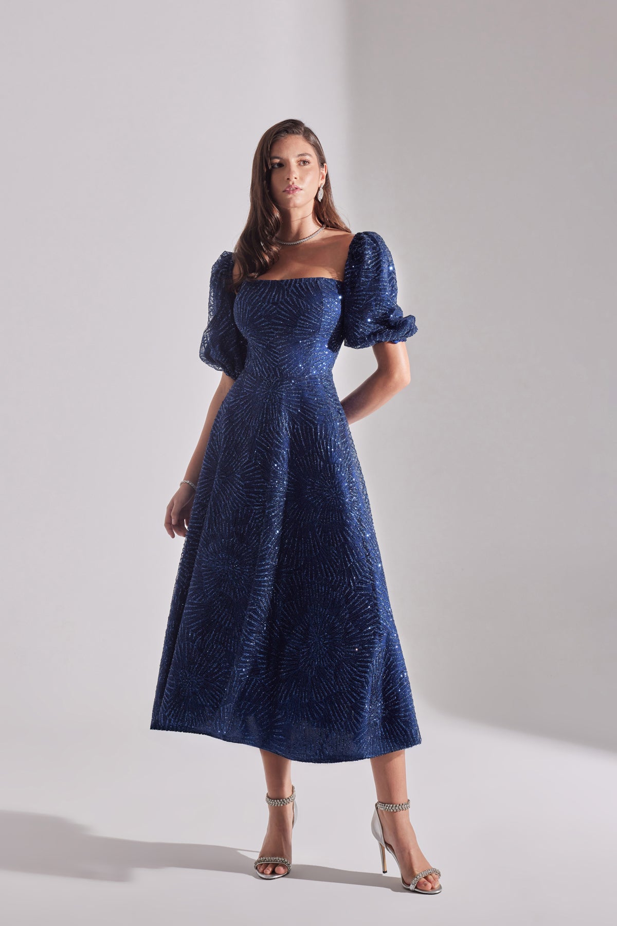 SARAH Shiny Balloon Sleeve Ruffled DARK BLUE Midi Length Engagement Dress