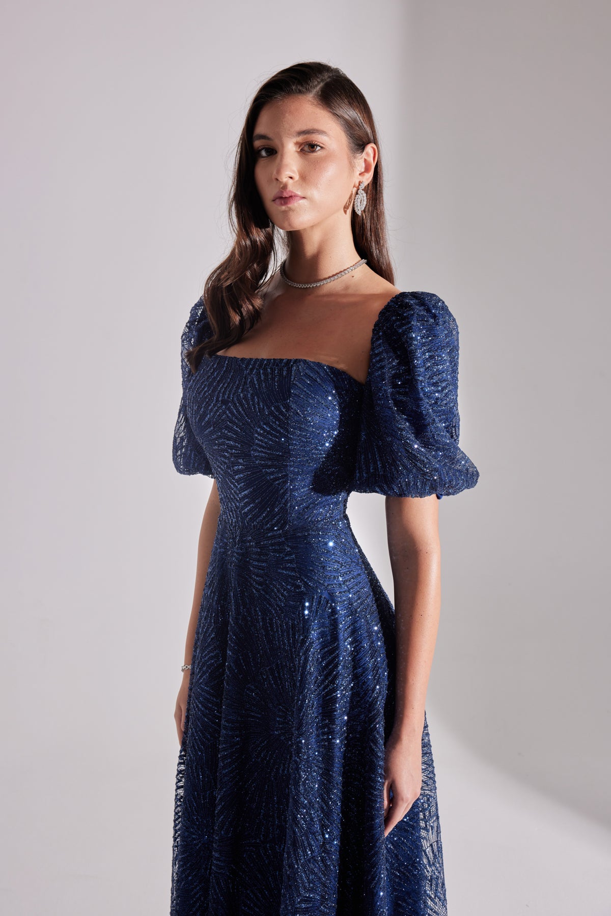 SARAH Shiny Balloon Sleeve Ruffled DARK BLUE Midi Length Engagement Dress