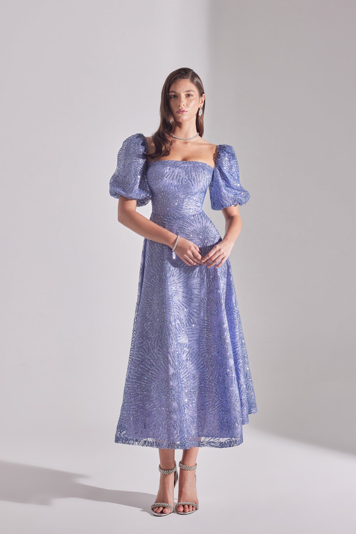 SARAH Shiny Balloon Sleeve Lilac Midi Engagement Dress