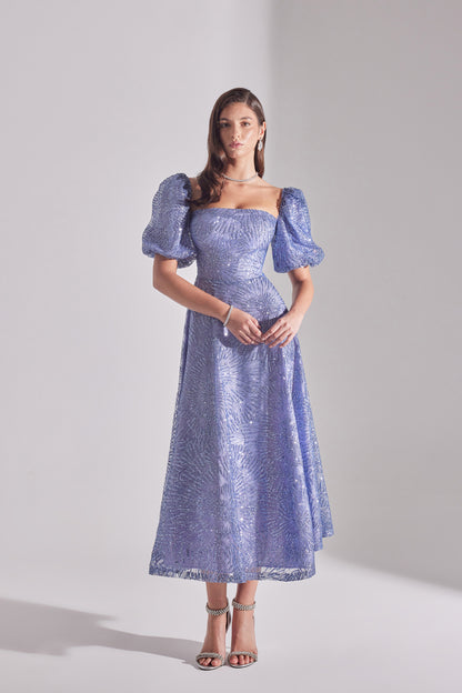 SARAH Shiny Balloon Sleeve Lilac Midi Engagement Dress