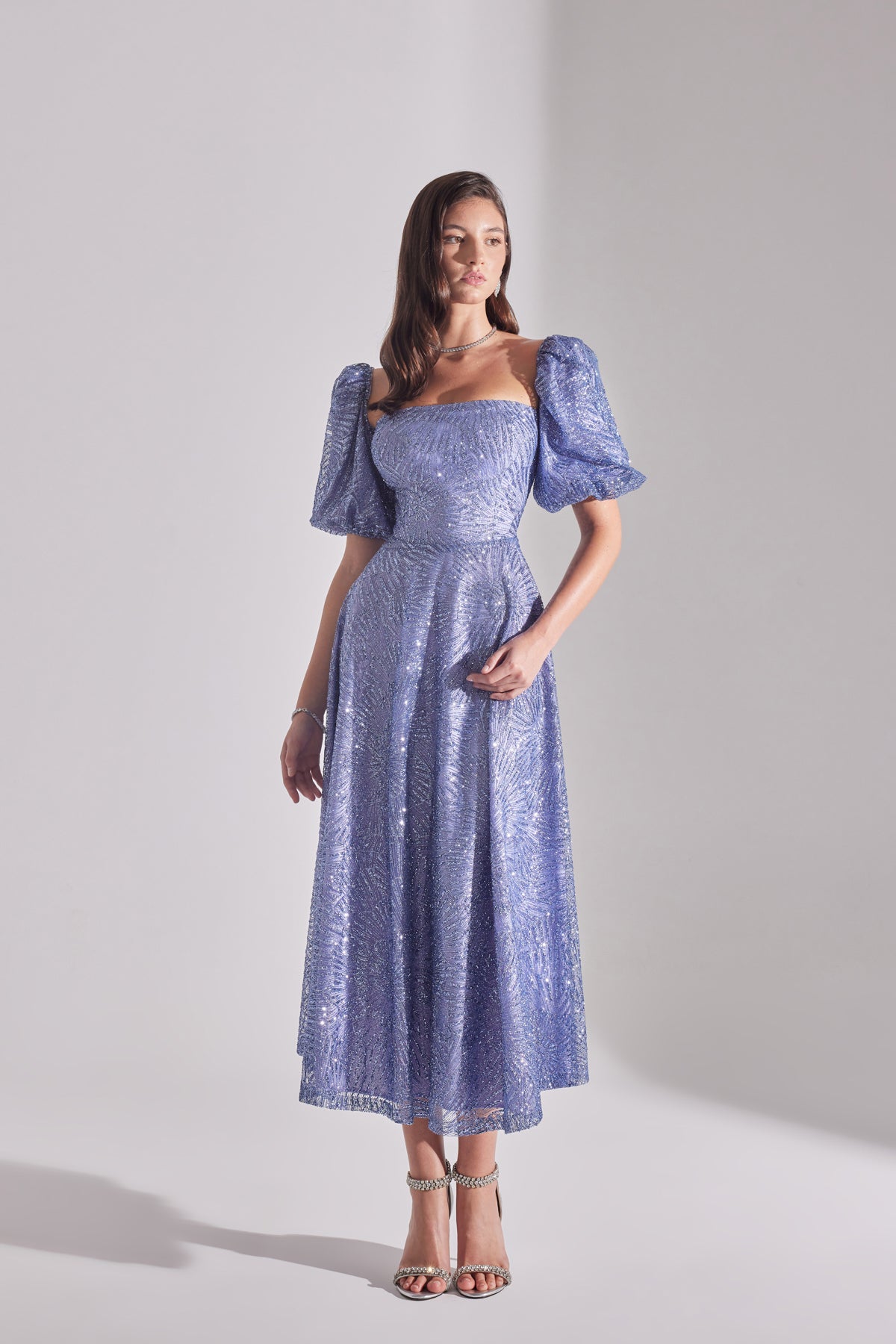 SARAH Shiny Balloon Sleeve Lilac Midi Engagement Dress