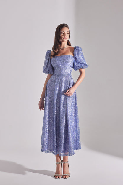 SARAH Shiny Balloon Sleeve Lilac Midi Engagement Dress