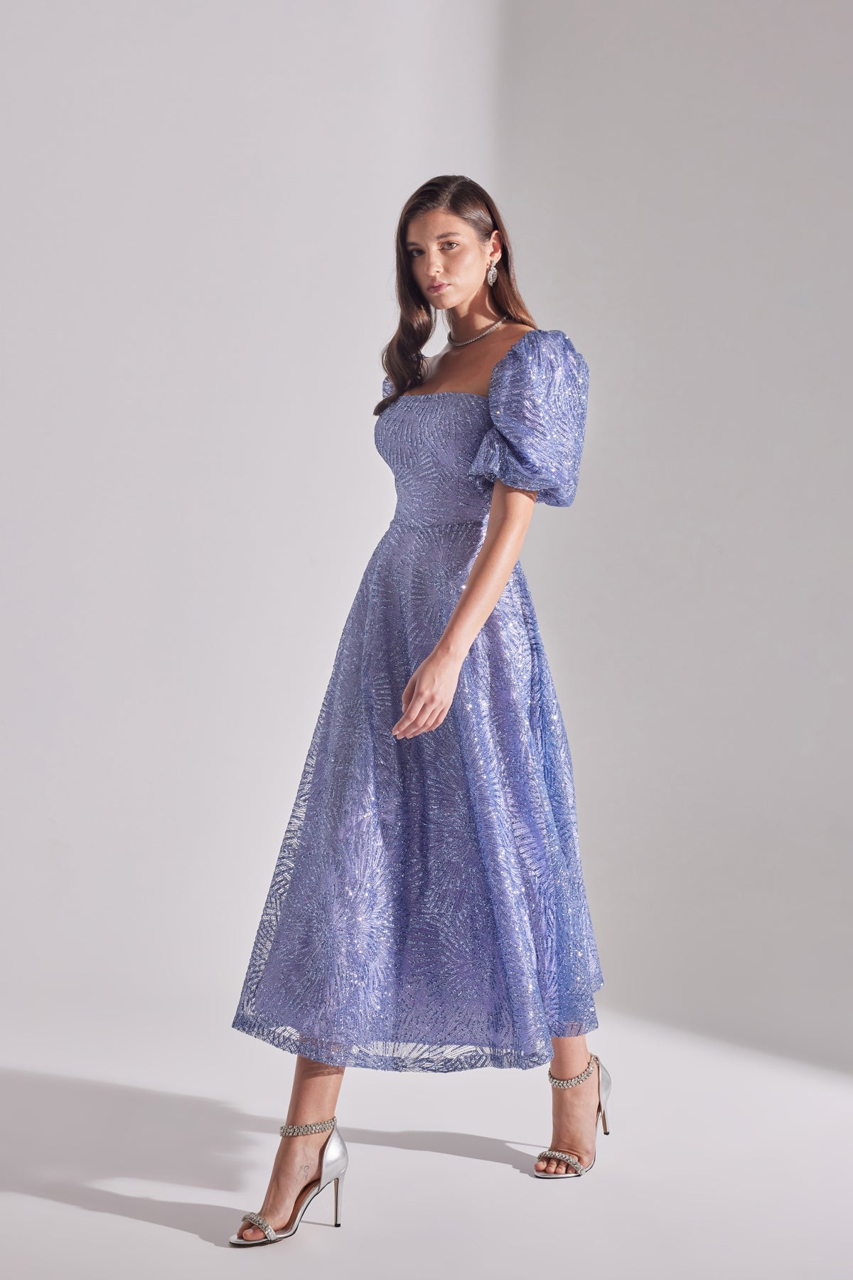 SARAH Shiny Balloon Sleeve Lilac Midi Engagement Dress