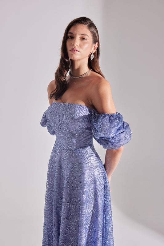 SARAH Shiny Balloon Sleeve Lilac Midi Engagement Dress
