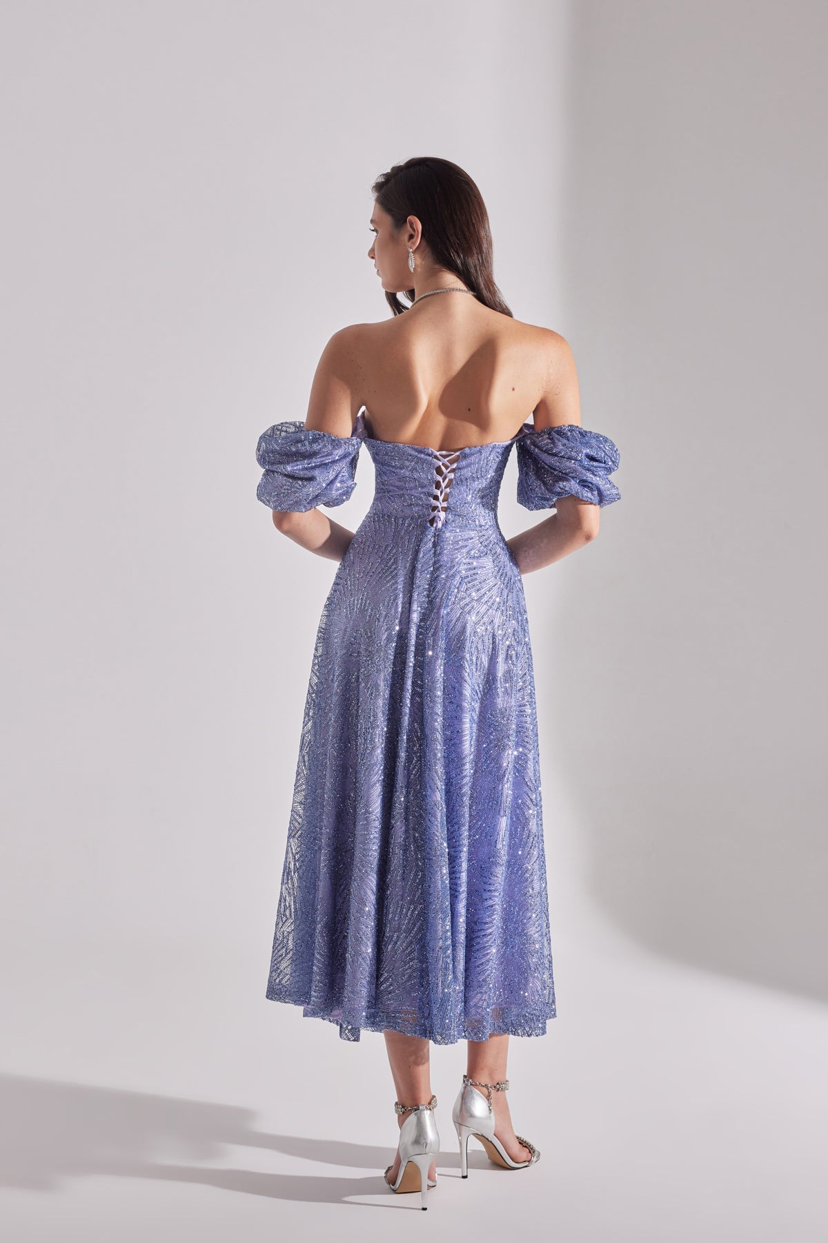SARAH Shiny Balloon Sleeve Lilac Midi Engagement Dress