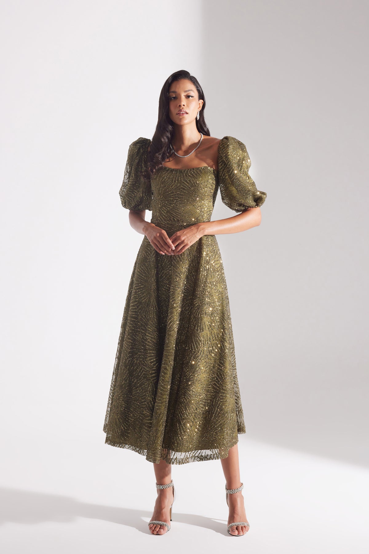 SARAH Shiny Balloon Sleeve Flared HAKI Midi Length Engagement Dress