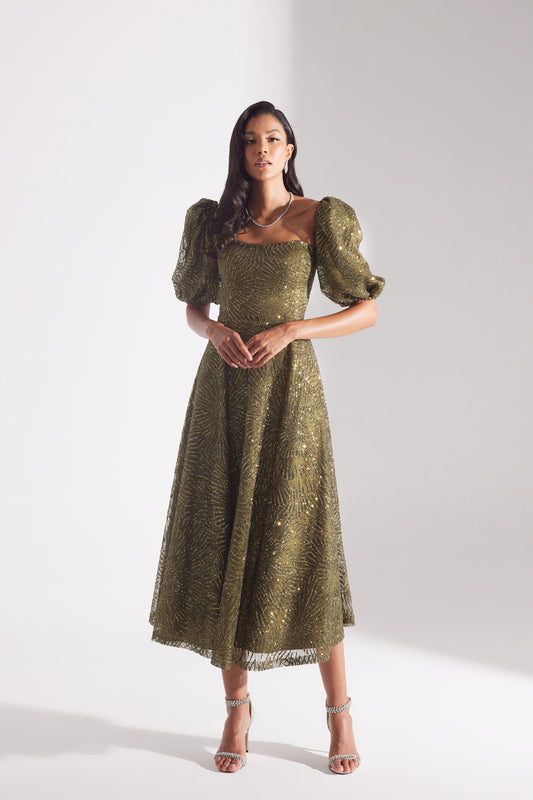 SARAH Shiny Balloon Sleeve Flared HAKI Midi Length Engagement Dress