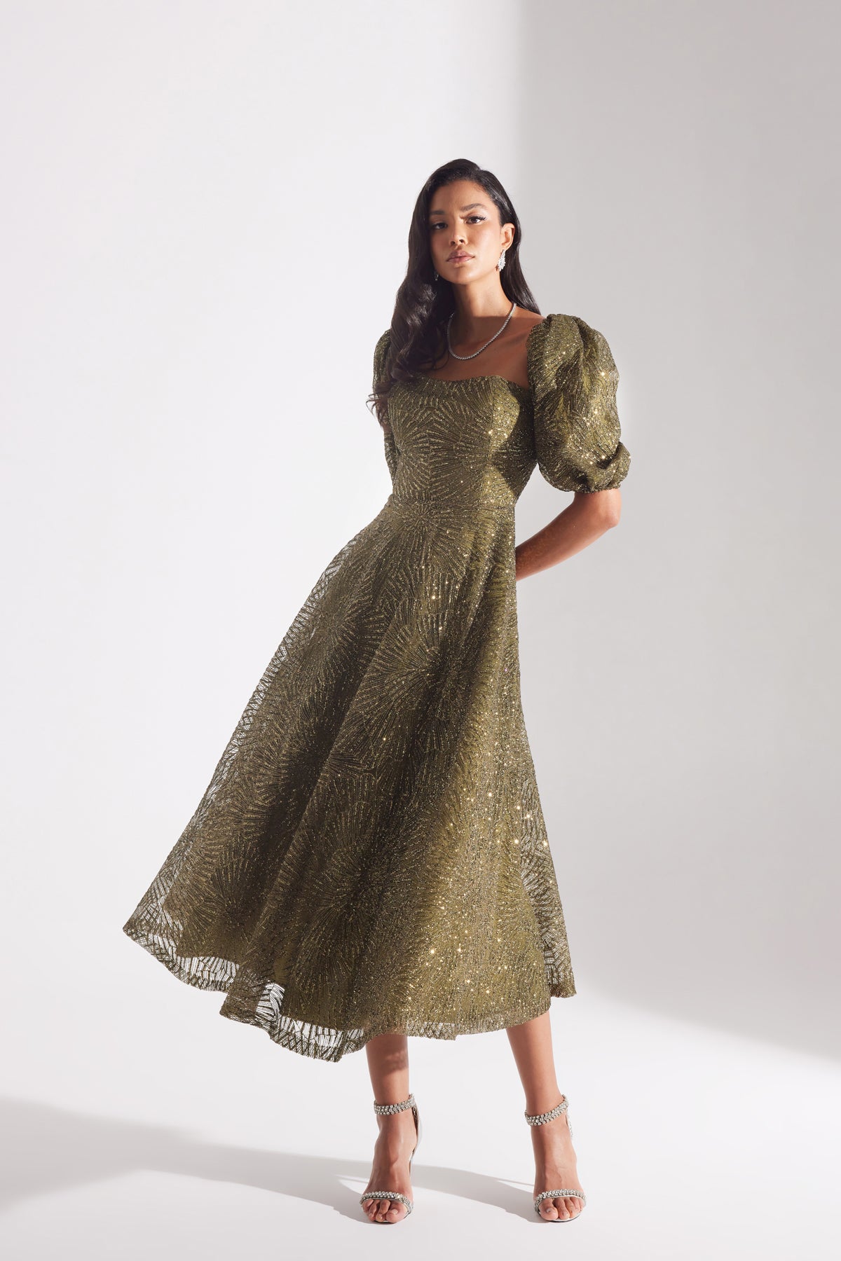 SARAH Shiny Balloon Sleeve Flared HAKI Midi Length Engagement Dress