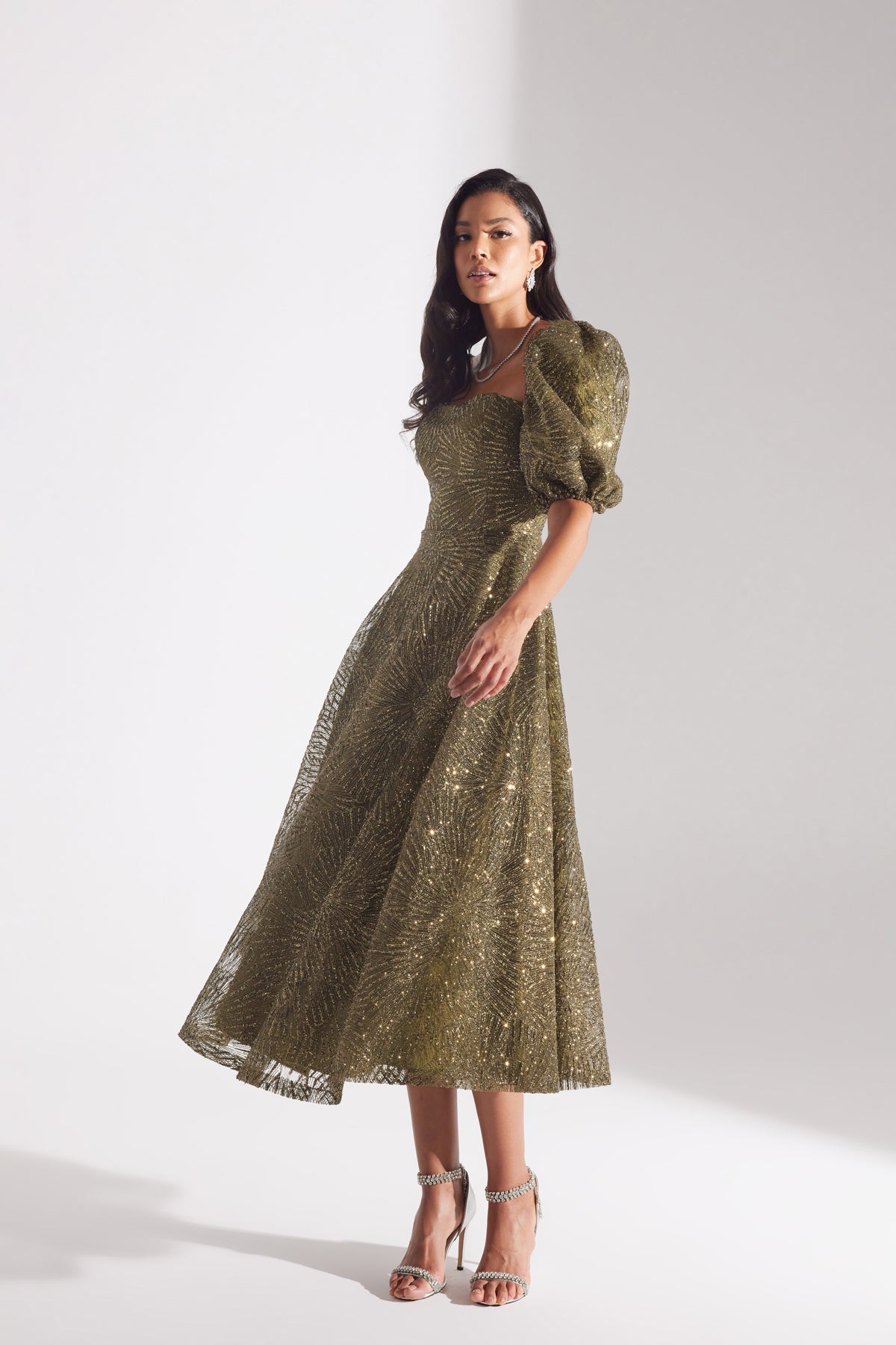 SARAH Shiny Balloon Sleeve Flared HAKI Midi Length Engagement Dress