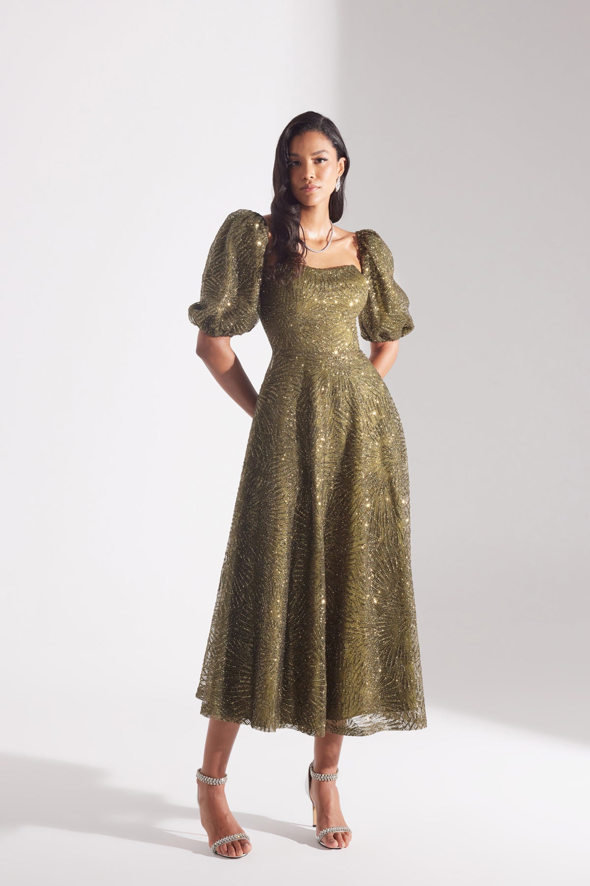 SARAH Shiny Balloon Sleeve Flared HAKI Midi Length Engagement Dress