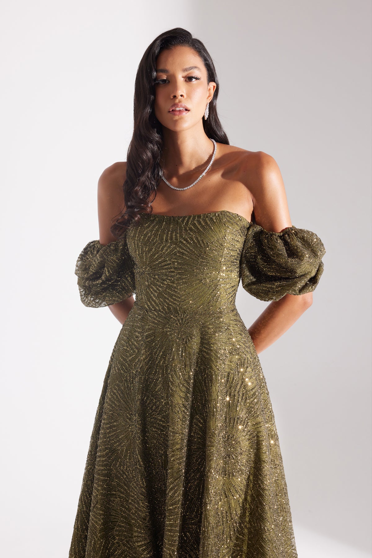 SARAH Shiny Balloon Sleeve Flared HAKI Midi Length Engagement Dress