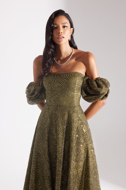 SARAH Shiny Balloon Sleeve Flared HAKI Midi Length Engagement Dress