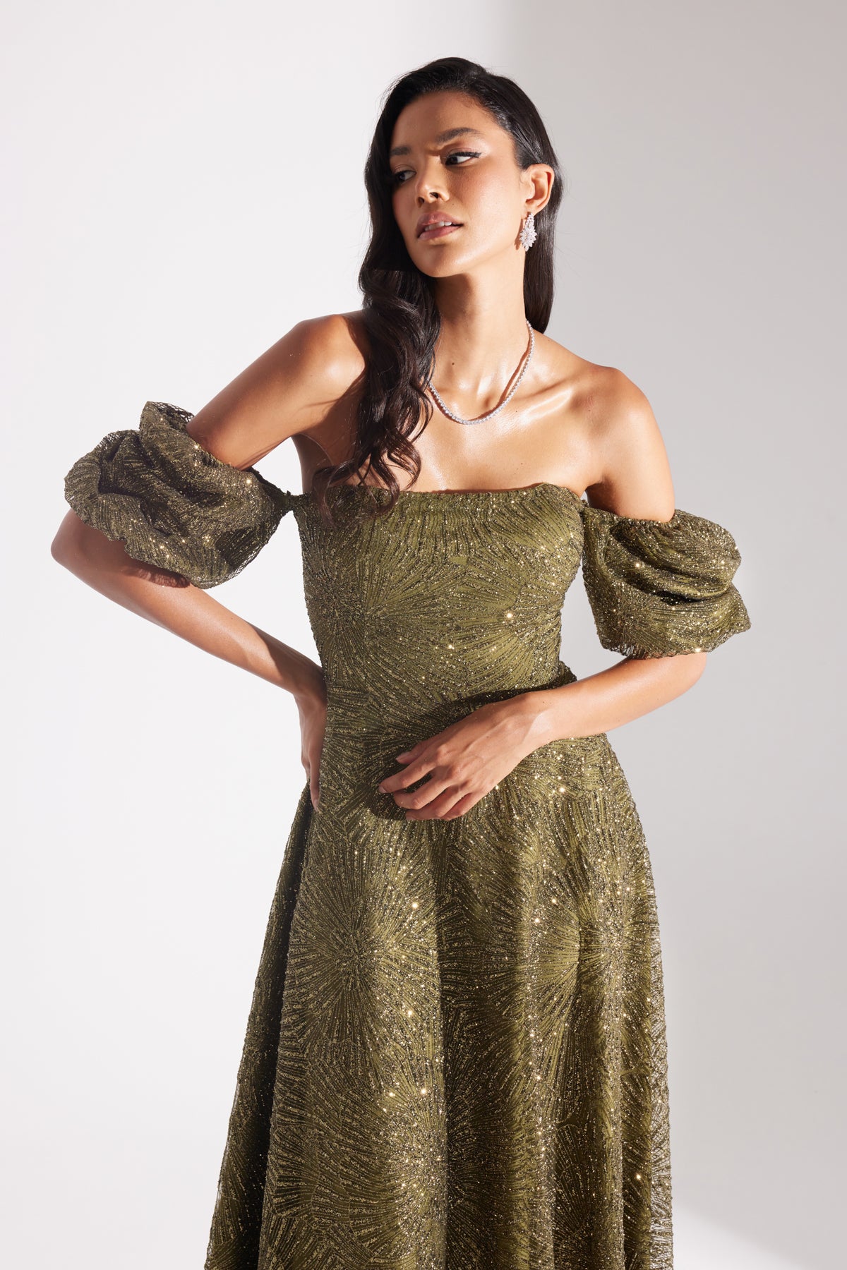 SARAH Shiny Balloon Sleeve Flared HAKI Midi Length Engagement Dress