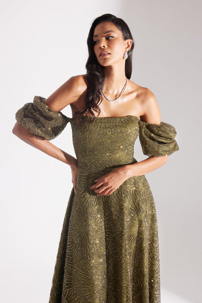 SARAH Shiny Balloon Sleeve Flared HAKI Midi Length Engagement Dress