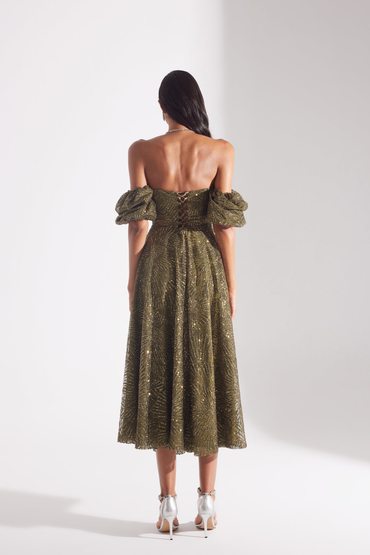 SARAH Shiny Balloon Sleeve Flared HAKI Midi Length Engagement Dress