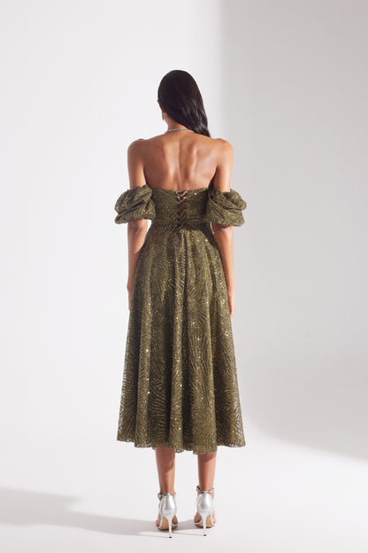 SARAH Shiny Balloon Sleeve Flared HAKI Midi Length Engagement Dress