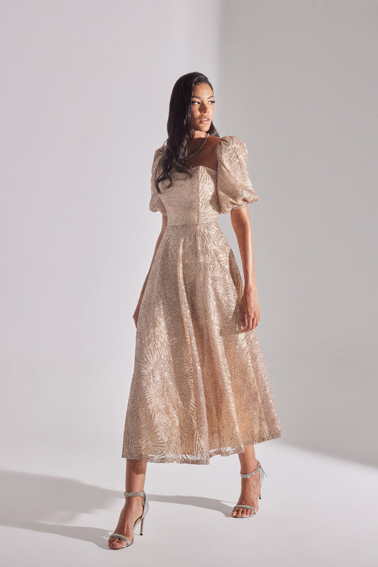 SARAH Shiny Balloon Sleeve Ruffled DORE Midi Length Engagement Dress