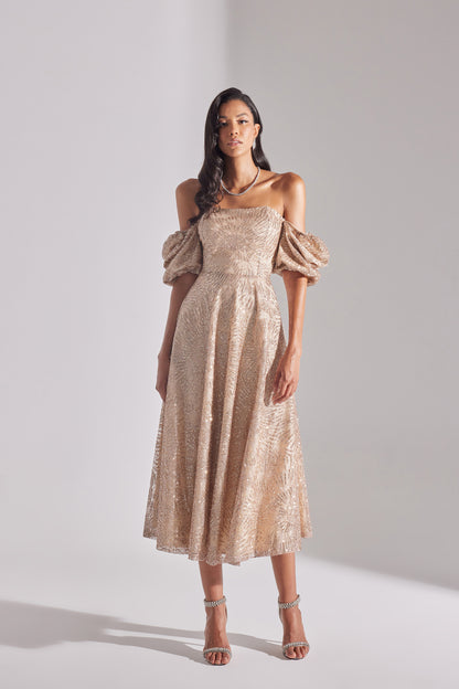 SARAH Shiny Balloon Sleeve Ruffled DORE Midi Length Engagement Dress